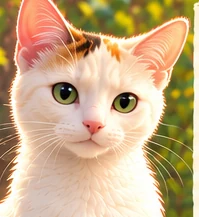 Jaki, with her mostly white coat and bright green eyes