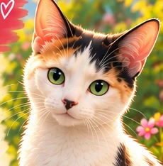 Molli, with her distinctive calico markings and green eyes